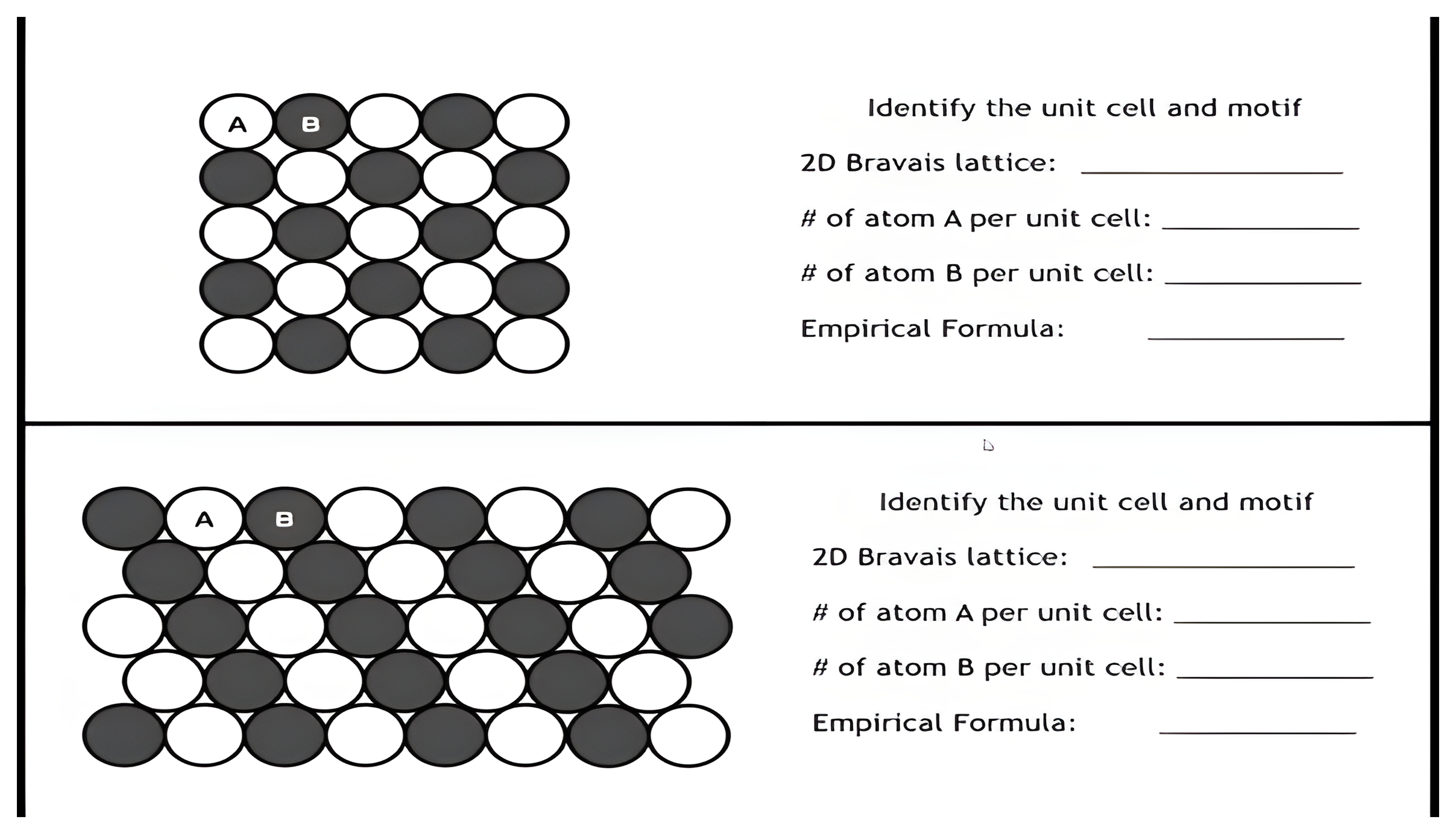 Two checkerboard patterns of light A and dark B atoms with blank fields for Bravais lattice, atom counts, and empirical formula.