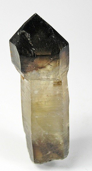 A smoky quartz crystal: a six-sided prism capped by inclined terminal faces.