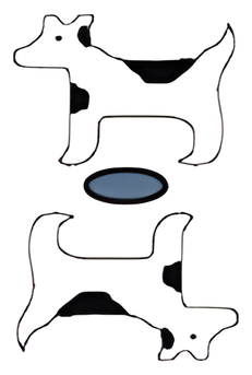 Two dog motifs related by a twofold rotation about a central lens marker.