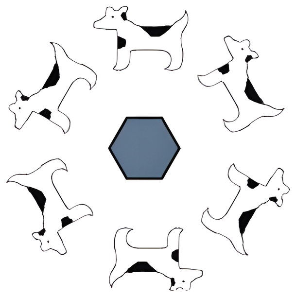 Six dog motifs related by a sixfold rotation about a central hexagon marker.