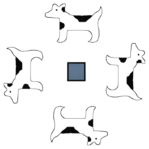 Four dog motifs related by a fourfold rotation about a central square marker.