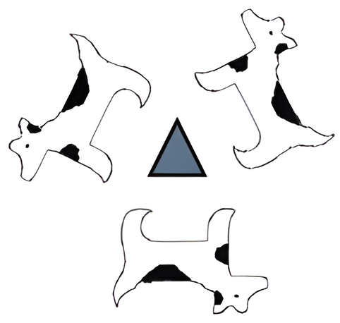 Three dog motifs related by a threefold rotation about a central triangle marker.