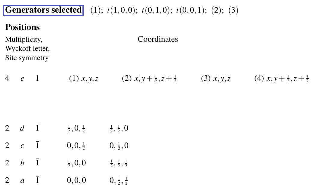 The positions region of the International Tables entry for P21/c, with the Generators selected box marked.