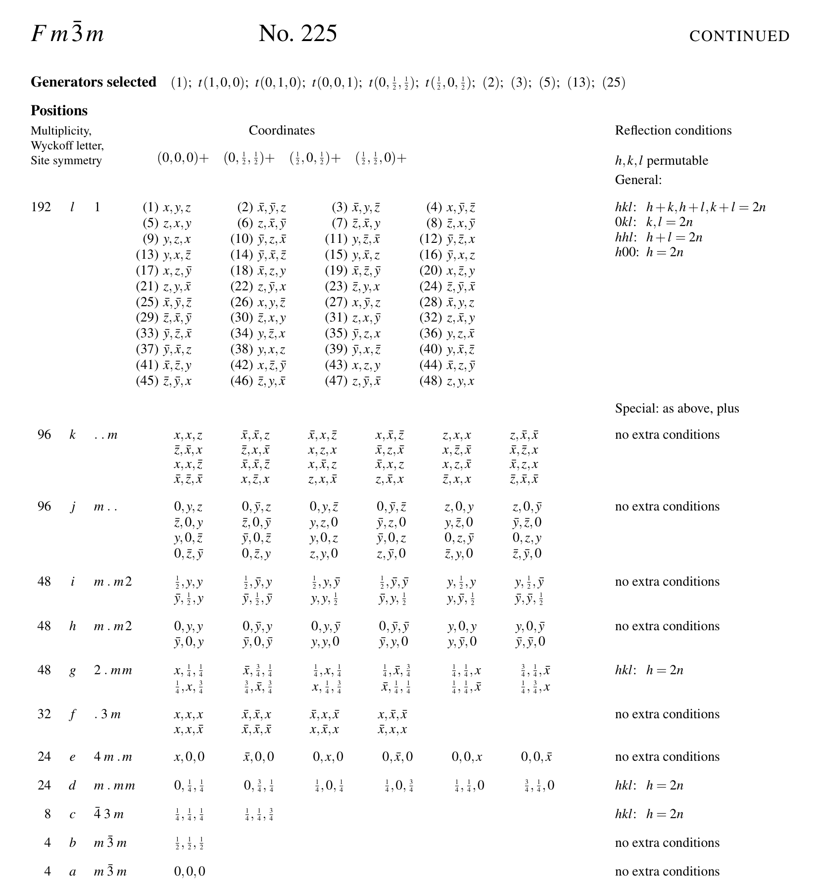 The Positions page of International Tables entry No. 225. Each advance replaces it with an annotated crop: the entry header, the four F-centring shifts, the 192-coordinate general position, the two rows fluorite uses, and those two rows under the general position.