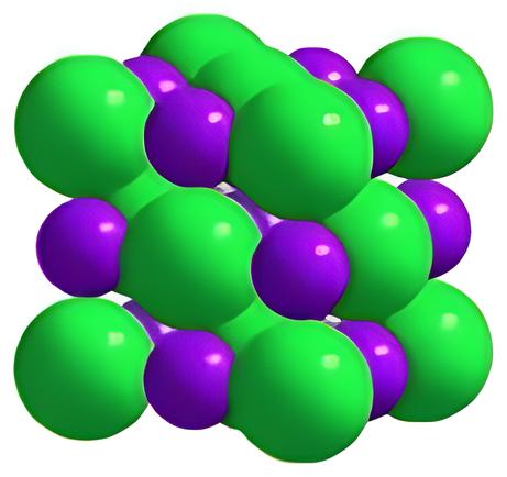 Alternating green and purple spheres standing for an ionic solid.