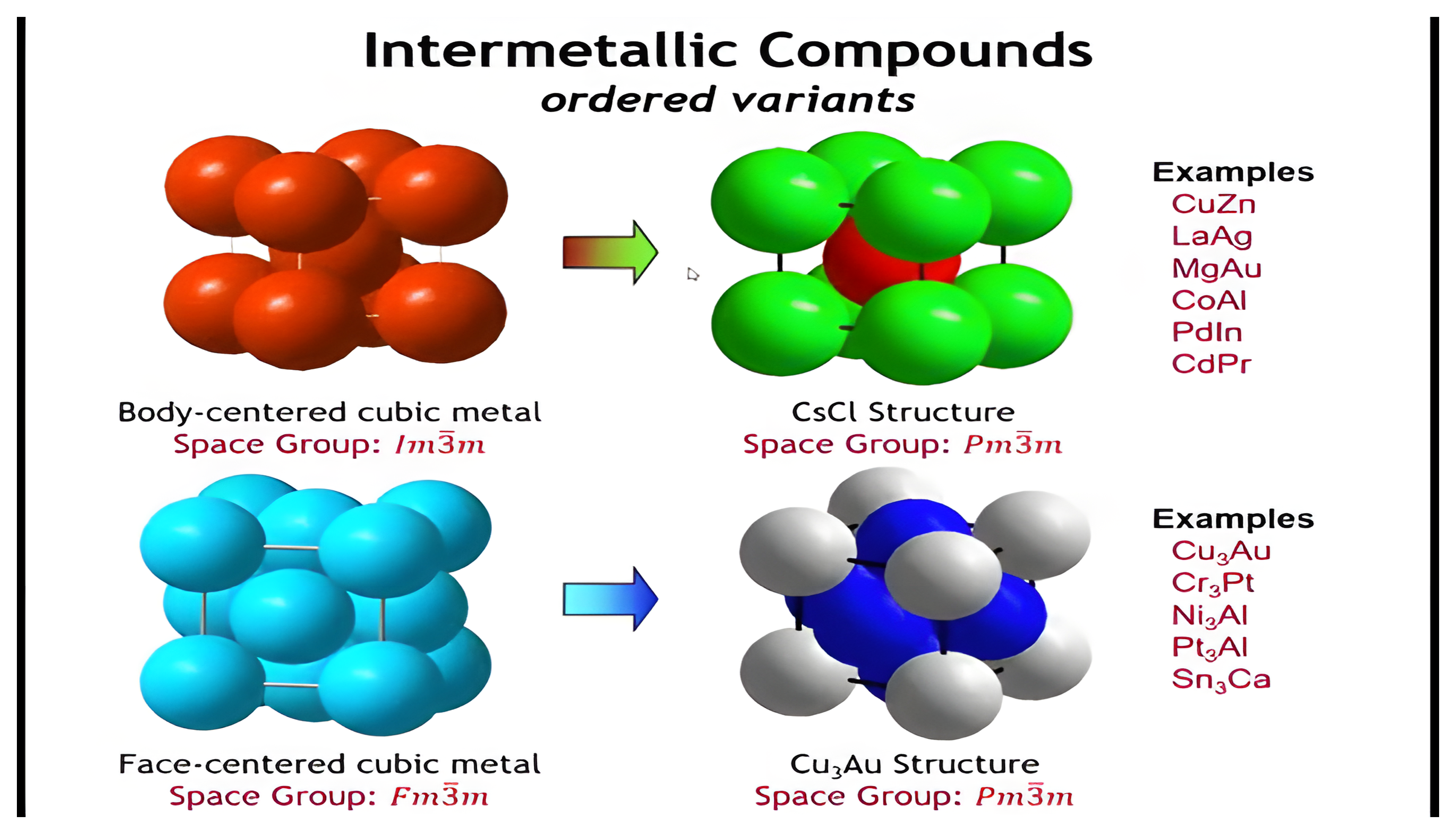 Ordered intermetallic compounds CsCl and Cu3Au.