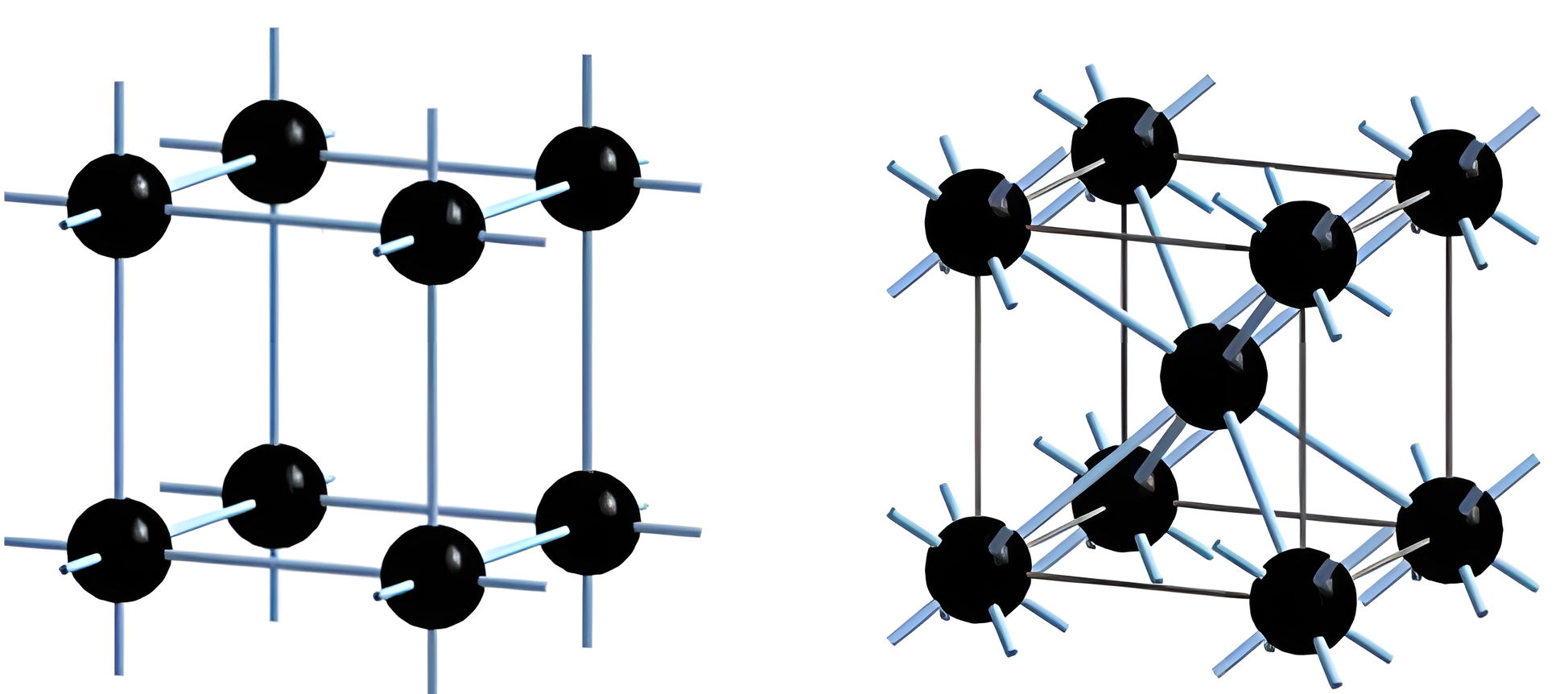 Two ball-and-rod net renders side by side: the six-connected primitive cubic net of polonium and the eight-connected body-centred cubic net of iron.