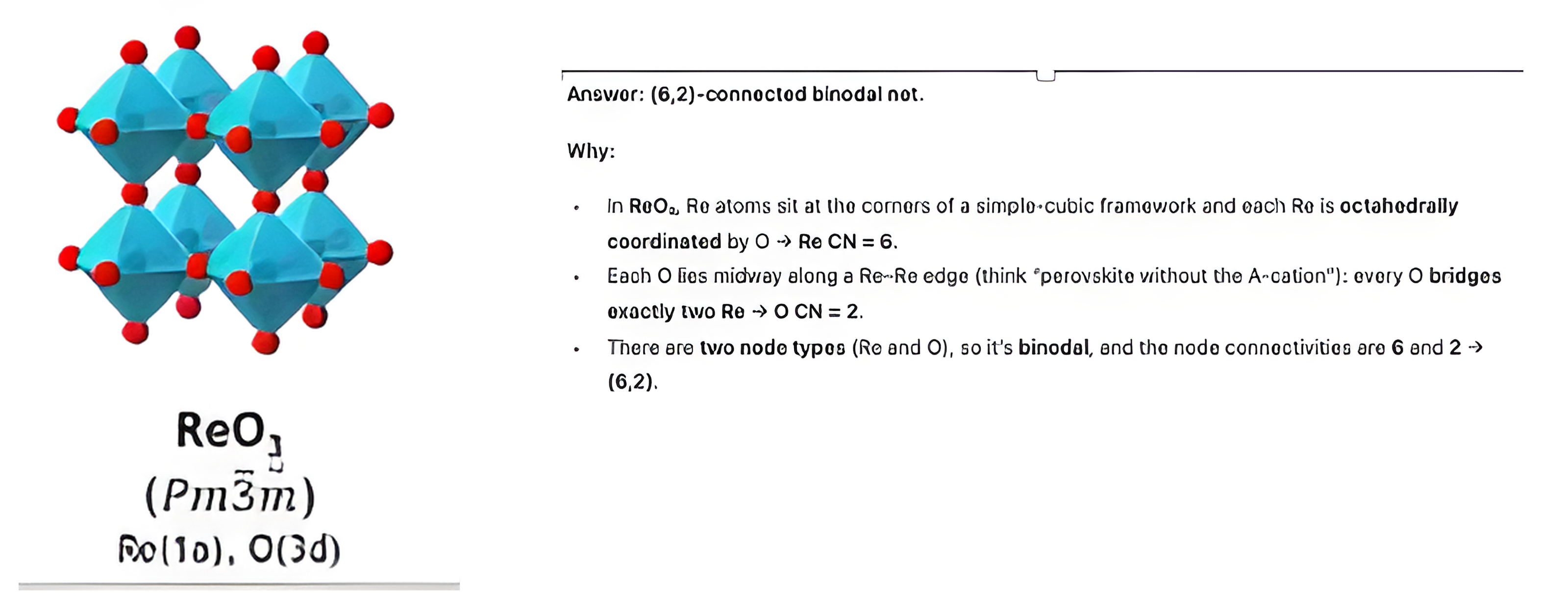 Answer: ReO3 is a six-two connected binodal net.