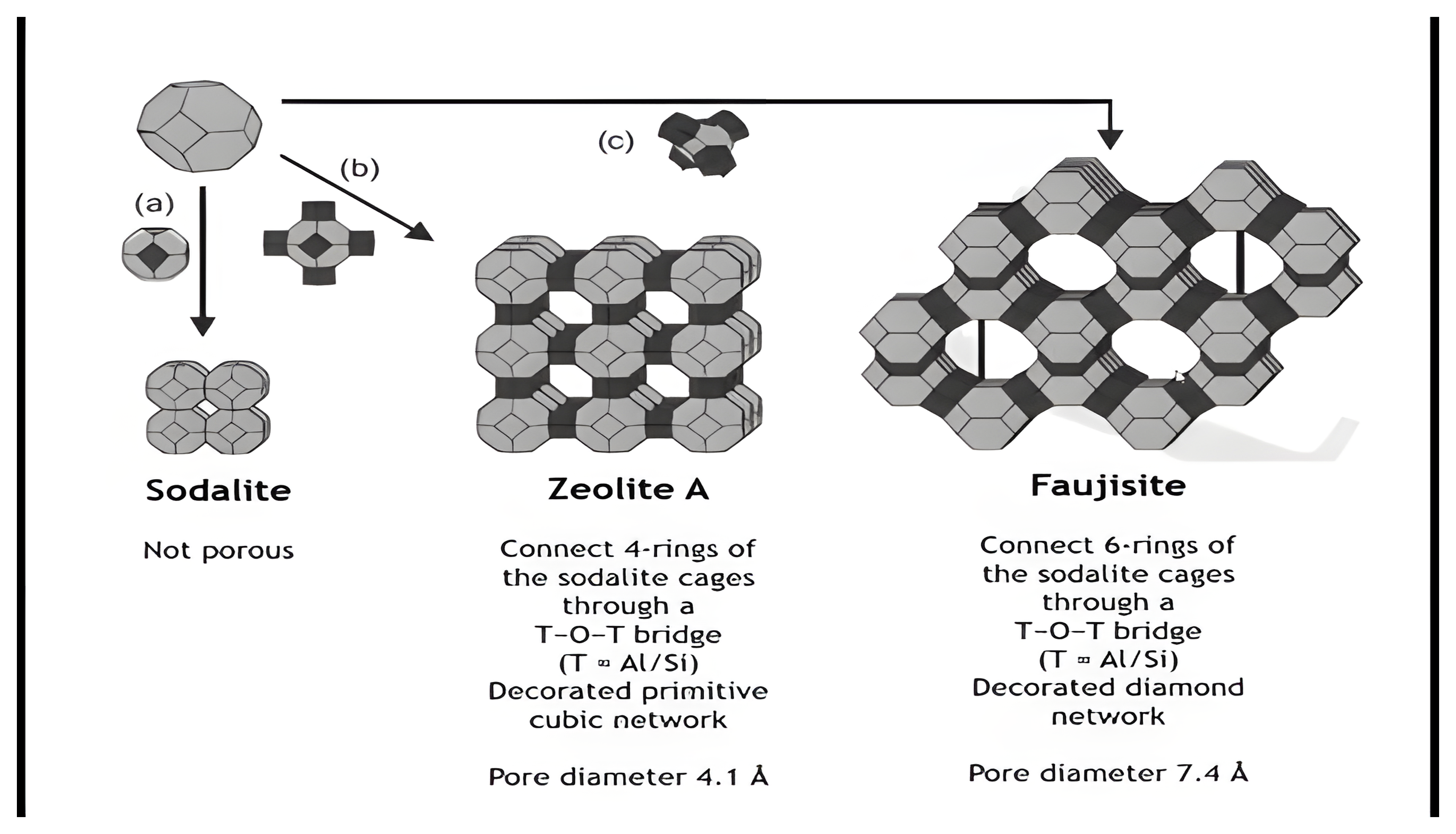 Sodalite cage connectivity to zeolite A and faujasite.