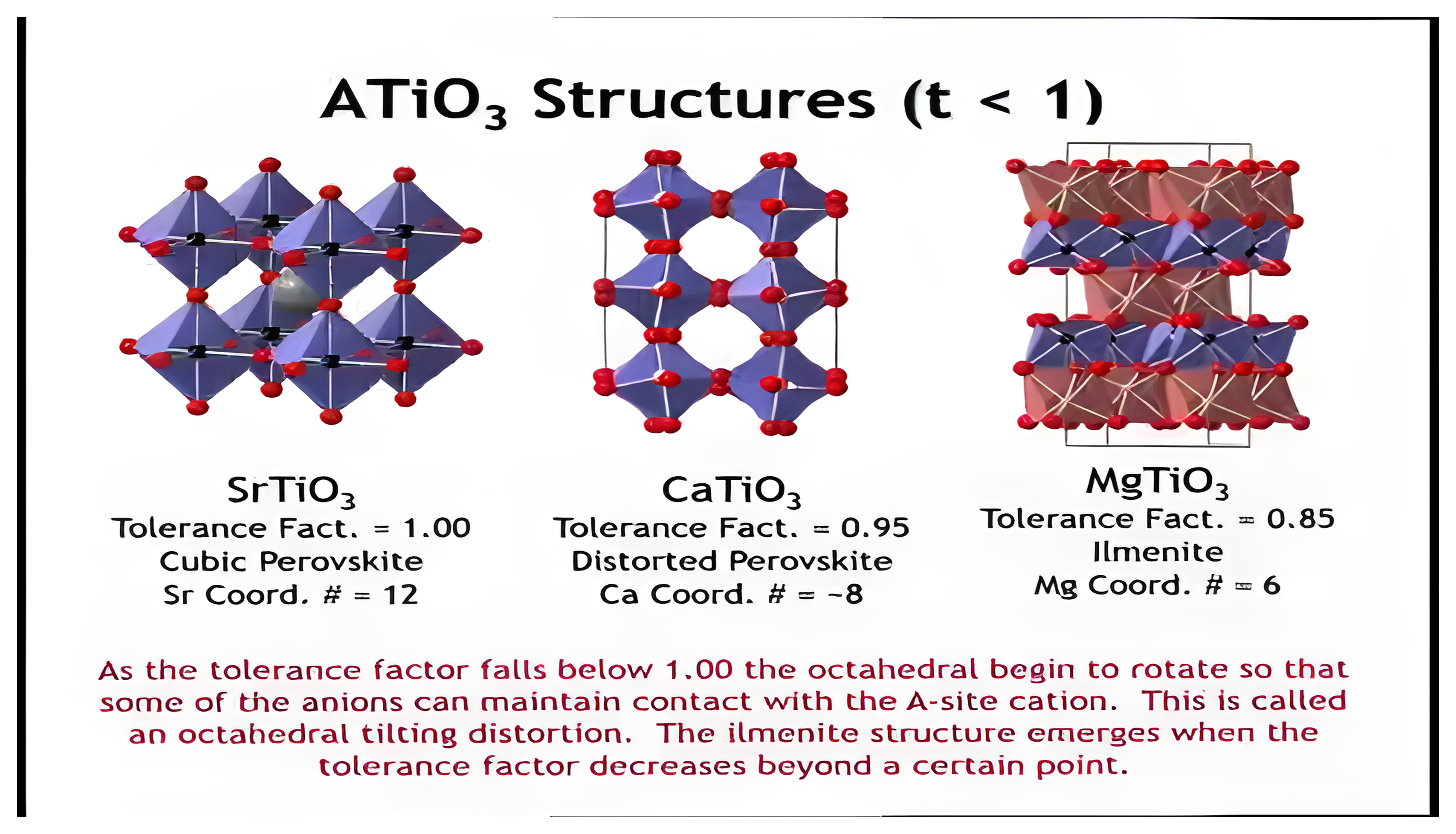 SrTiO3, CaTiO3, and MgTiO3 structures as the tolerance factor falls below one.