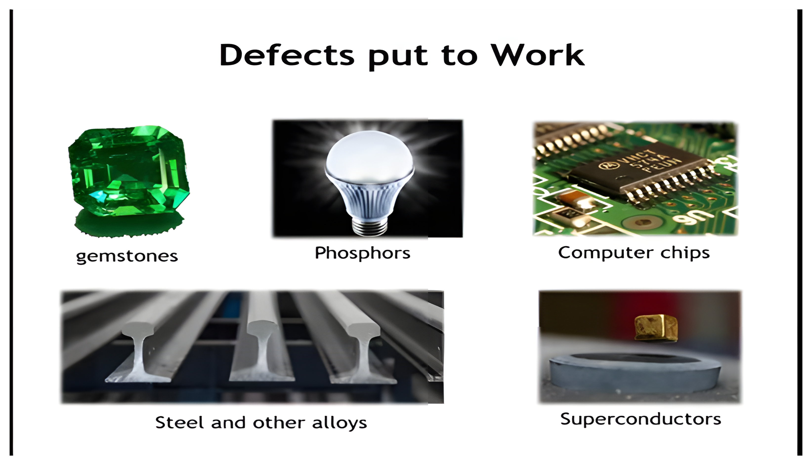Applications enabled by defects: gemstones, phosphors, computer chips, steel and other alloys, and superconductors.