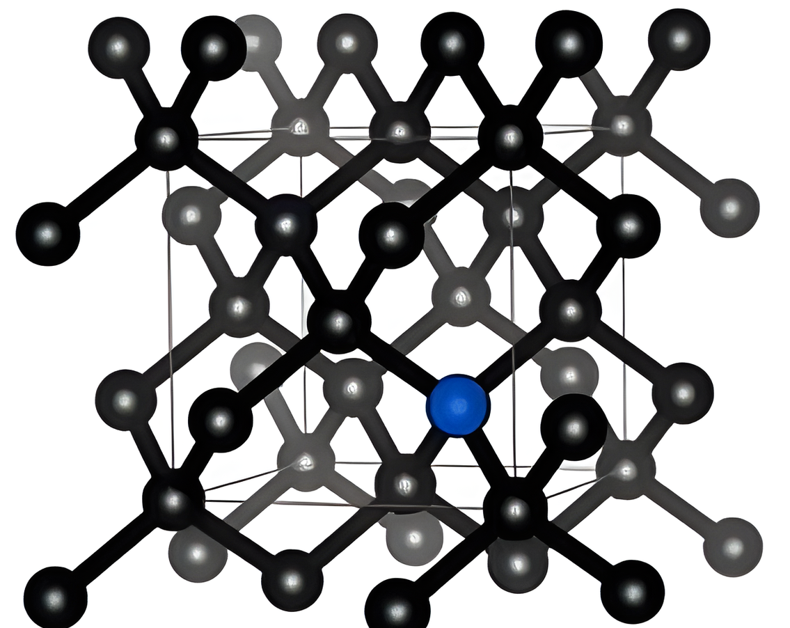 Diamond-lattice render of silicon in which one lattice atom has been replaced by a blue substituting atom, the visual definition of substitutional doping.