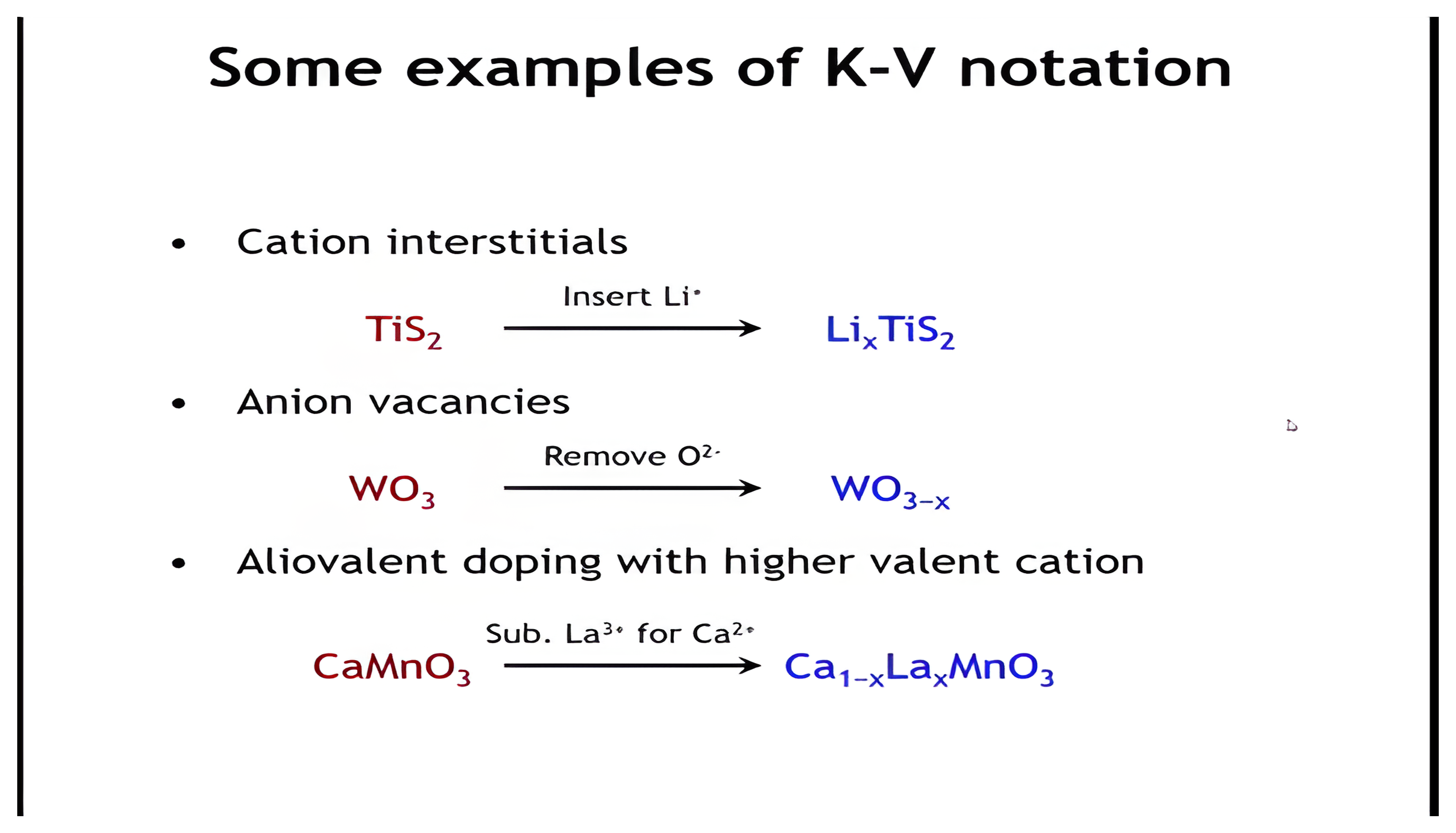 The three doping-that-leads-to-reduction examples, with Kroger-Vink answers revealed in turn: lithium interstitial, oxygen vacancy, and lanthanum on a calcium site.