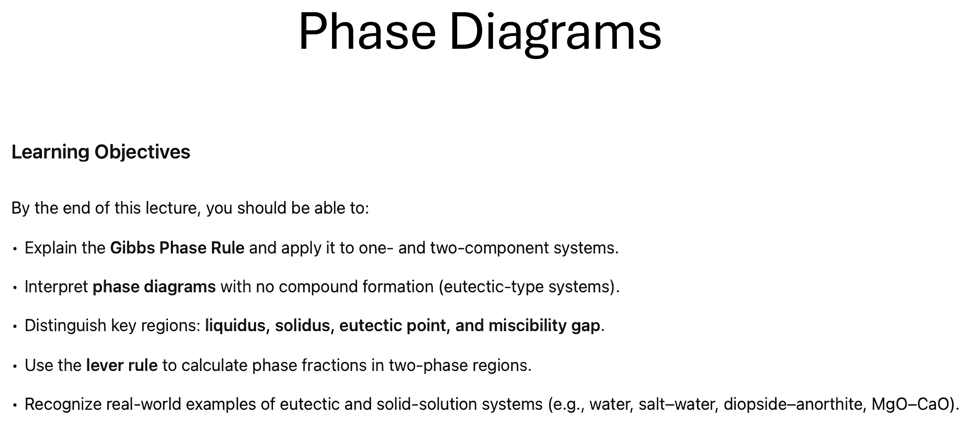 Opening page for phase diagrams, listing the learning objectives: the Gibbs phase rule, reading a eutectic diagram, the liquidus, solidus, eutectic point and miscibility gap, the lever rule, and real examples.