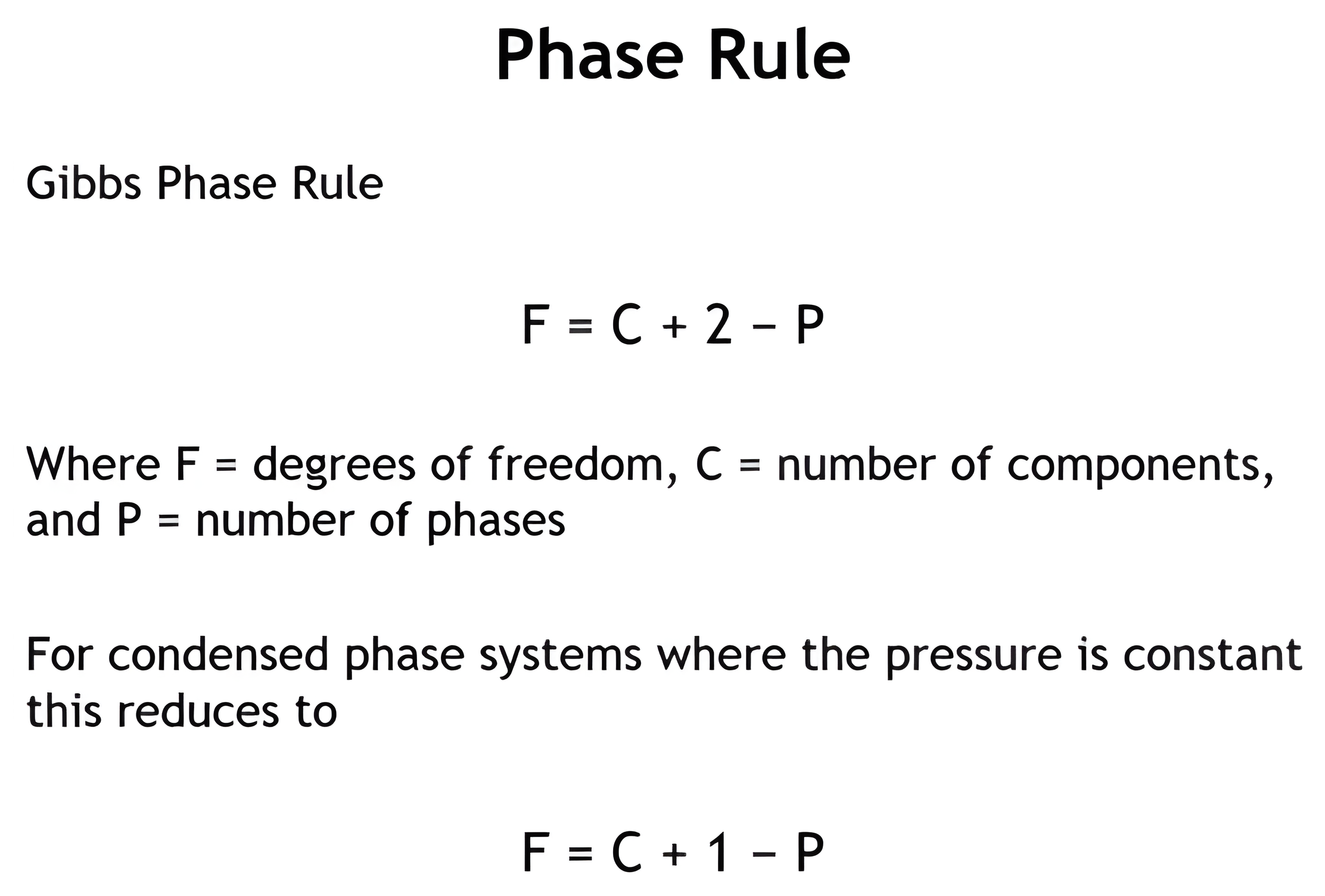 The Gibbs phase rule written as degrees of freedom equal components plus two minus phases, with its constant-pressure form, components plus one minus phases, below it.