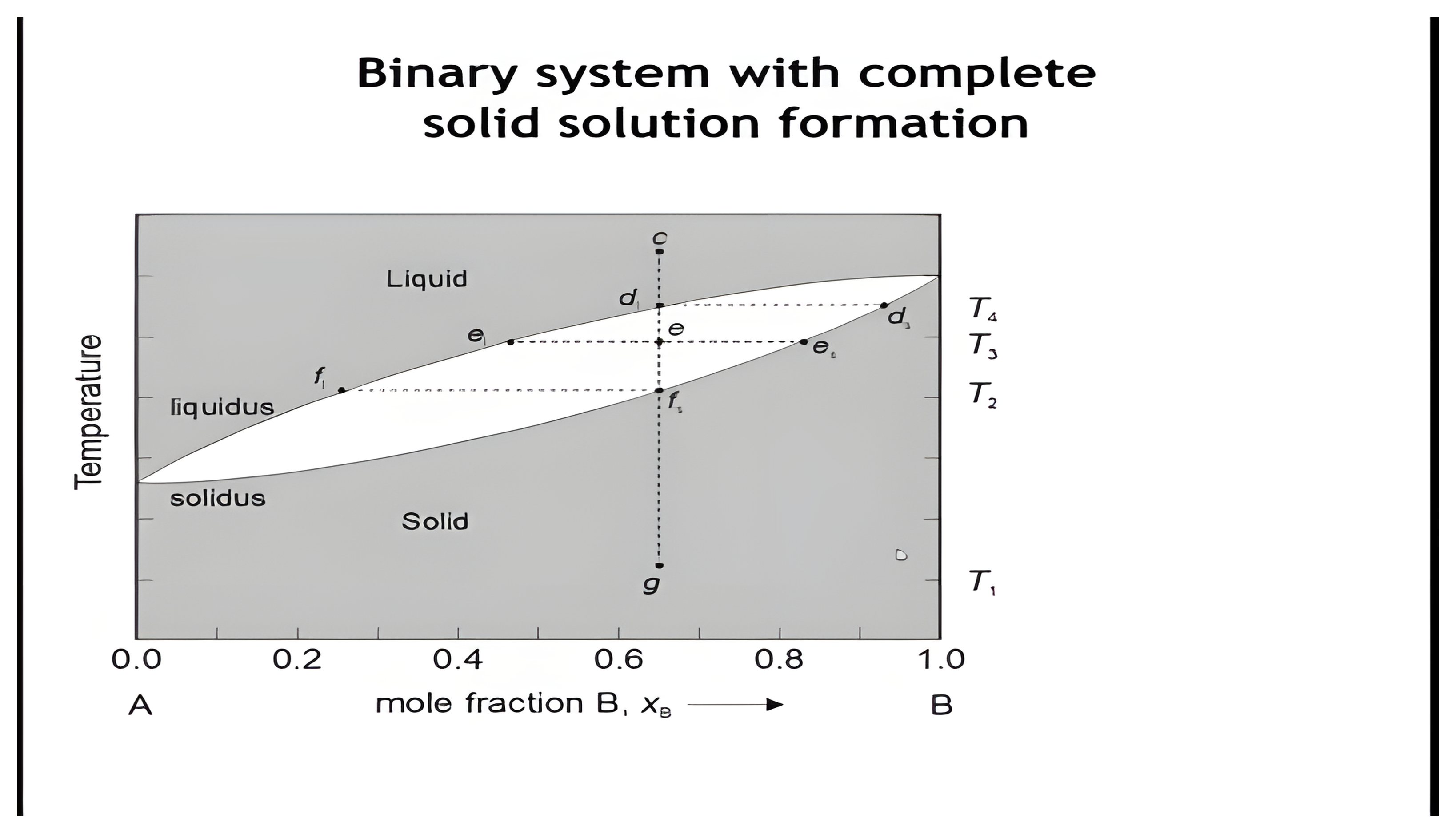 A binary diagram with complete solid solution formation: a lens between the liquidus and solidus with points f, e, d and g marked; advancing annotates the four temperatures of the melting sequence.