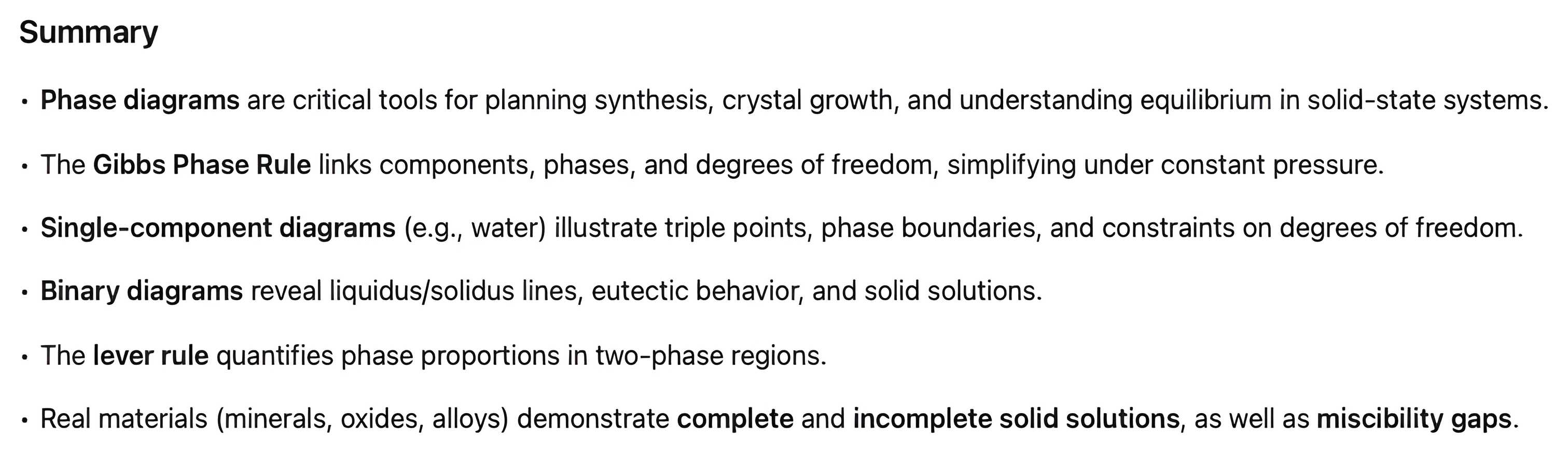 Summary page for phase diagrams, listing their role in synthesis, the Gibbs phase rule, one-component and binary diagrams, the lever rule, and complete and incomplete solid solutions with miscibility gaps.