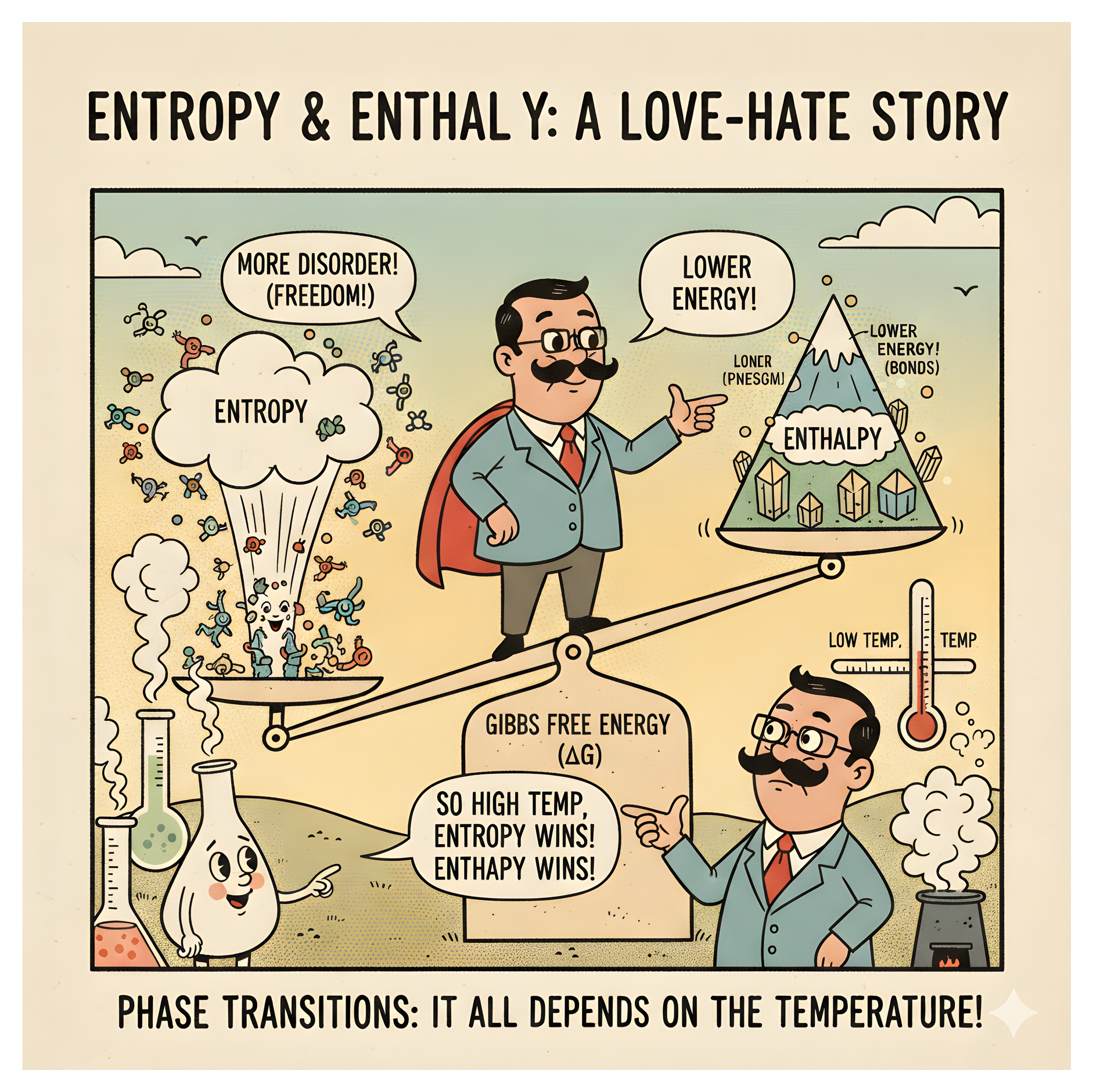 Cartoon of entropy and enthalpy balancing on a seesaw, with temperature deciding which one wins.