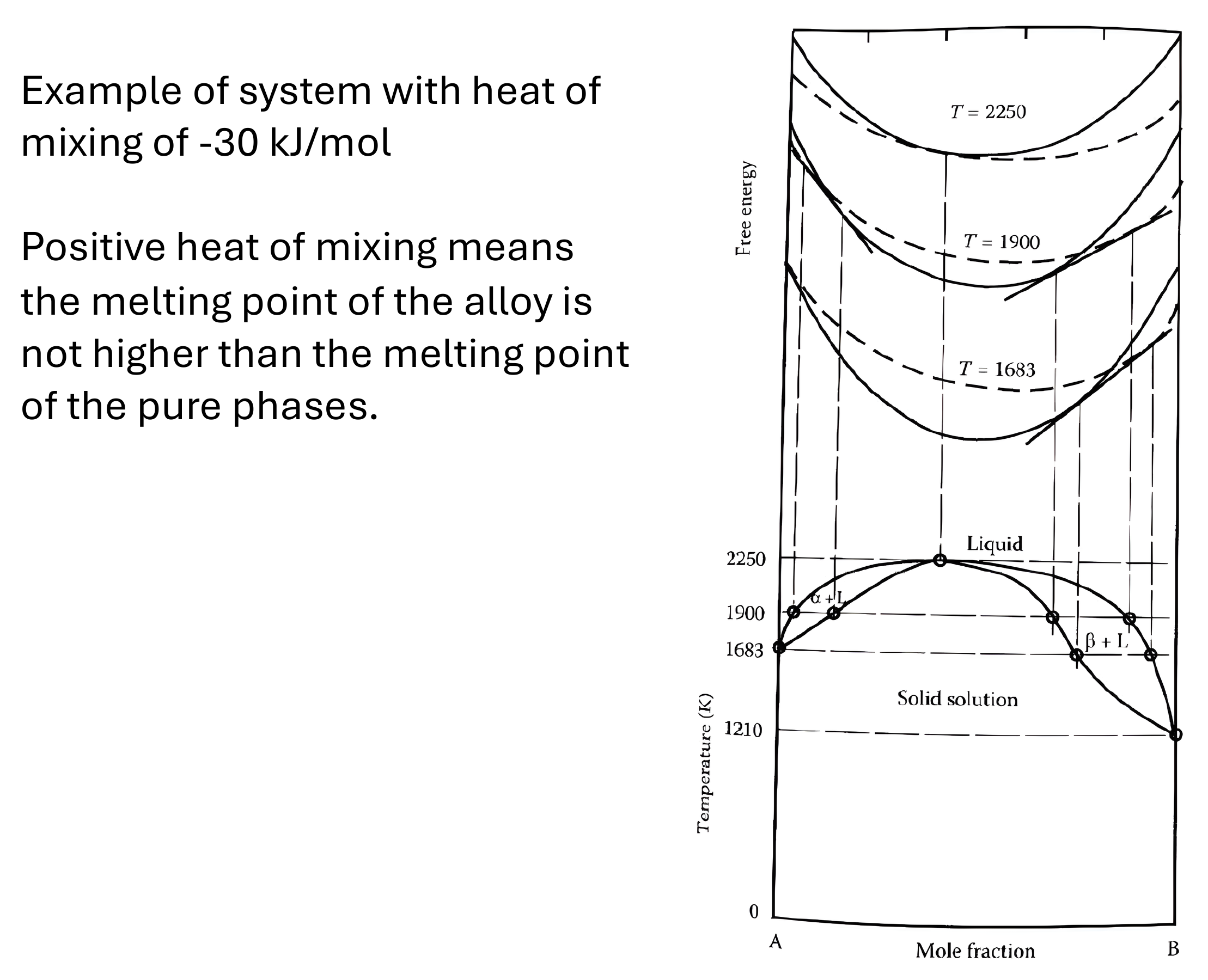 Free-energy curves and phase diagram for a solid with a negative heat of mixing, showing a congruent melting maximum.