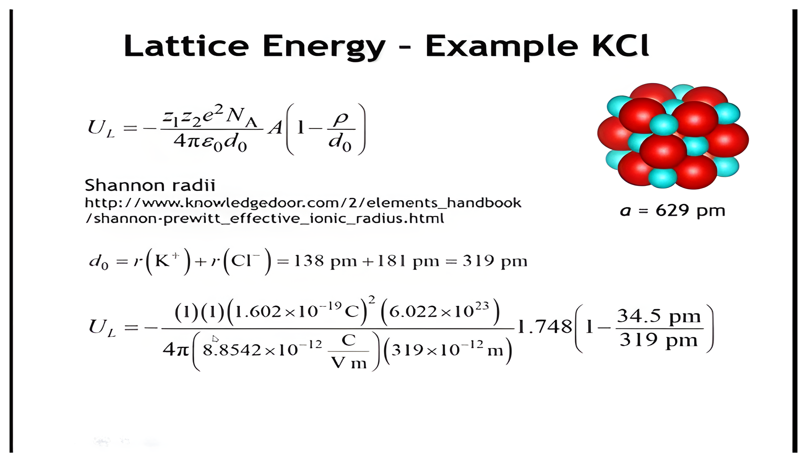 Born-Mayer lattice energy worked example for KCl; a click reveals the calculated result of minus 679 kilojoules.