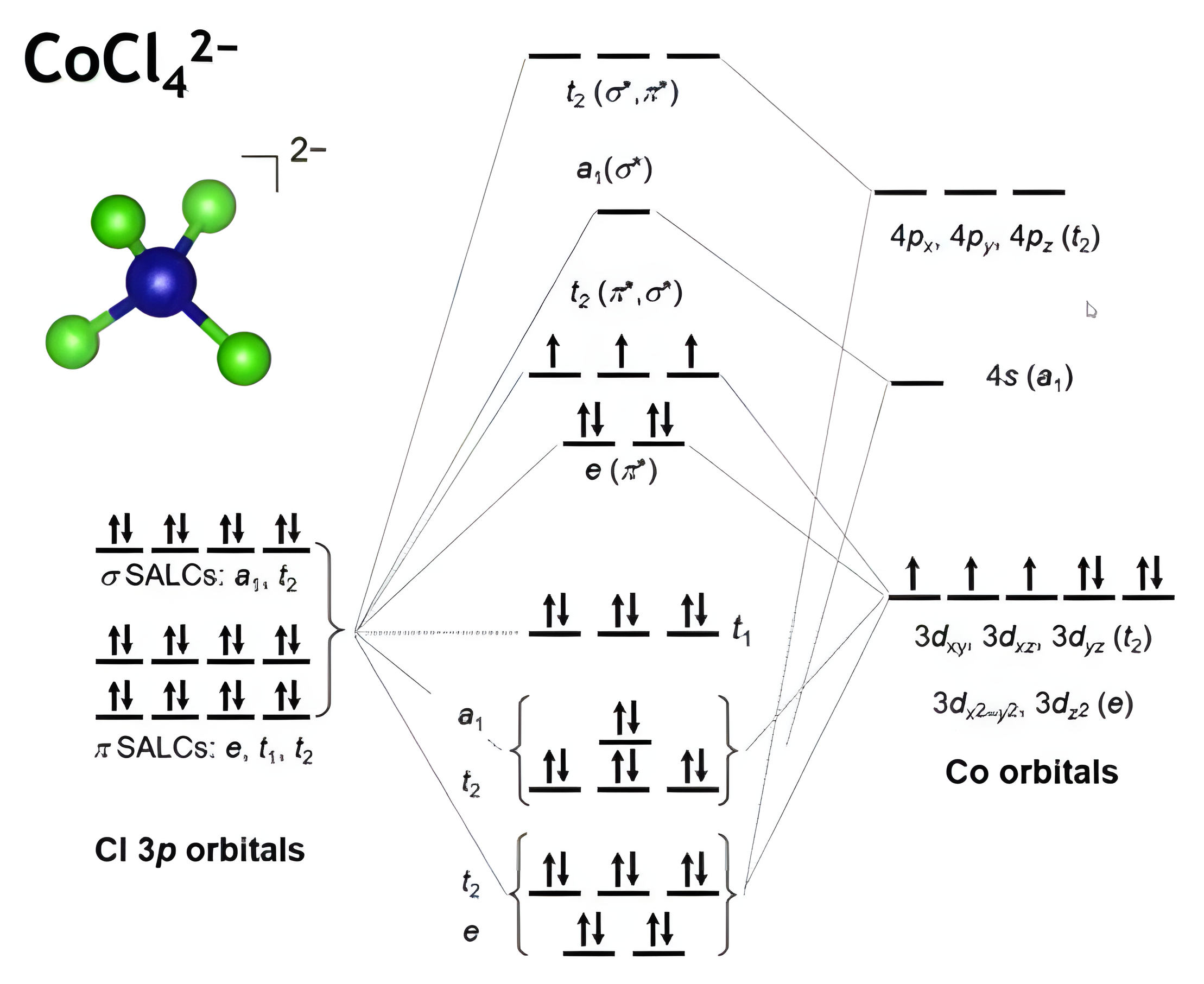Full MO diagram of CoCl4 2- with nine bonding, three nonbonding, and nine antibonding MOs; the e set lies below the t2 set.