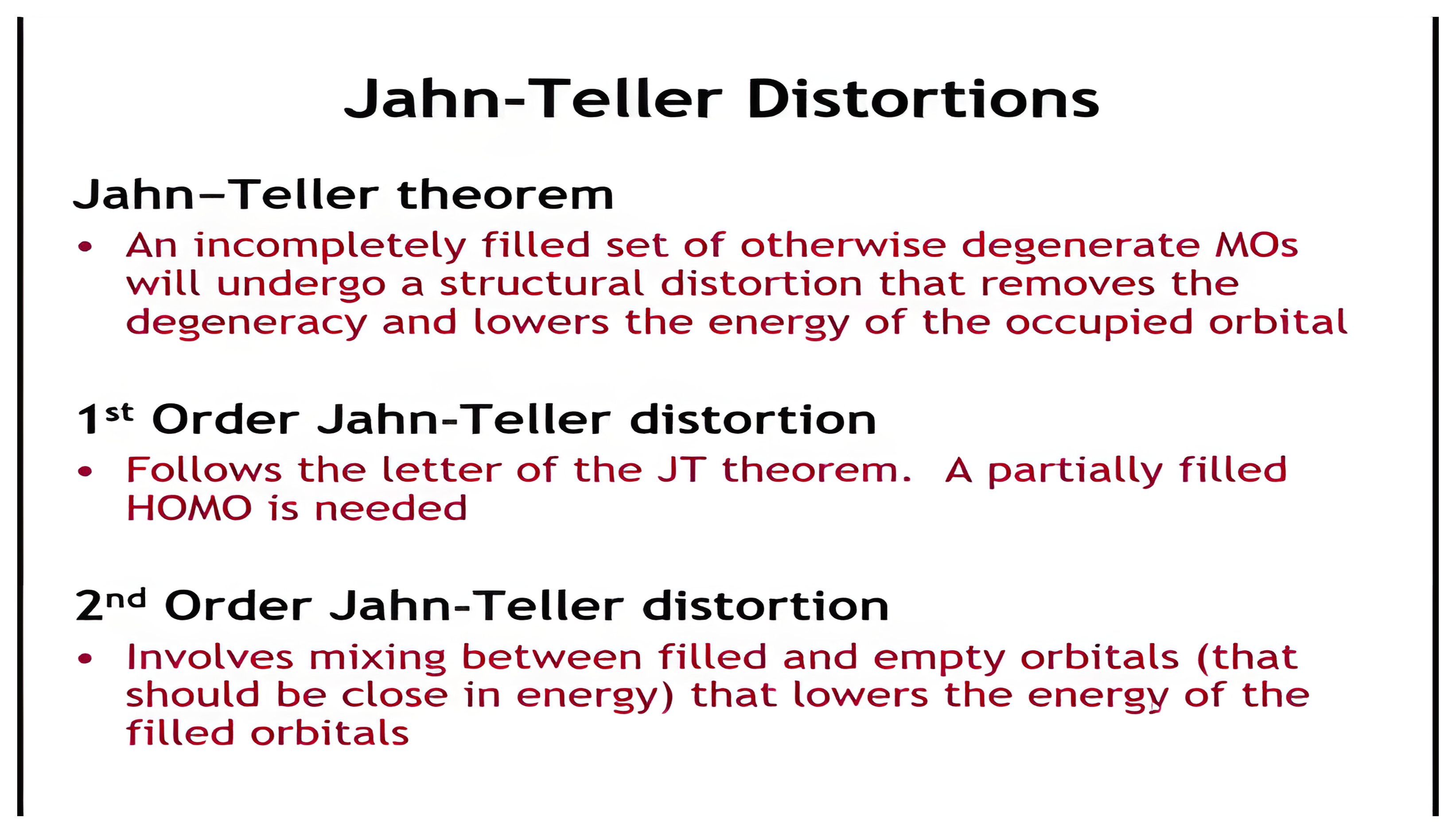 The Jahn-Teller theorem with definitions of first-order and second-order distortions.