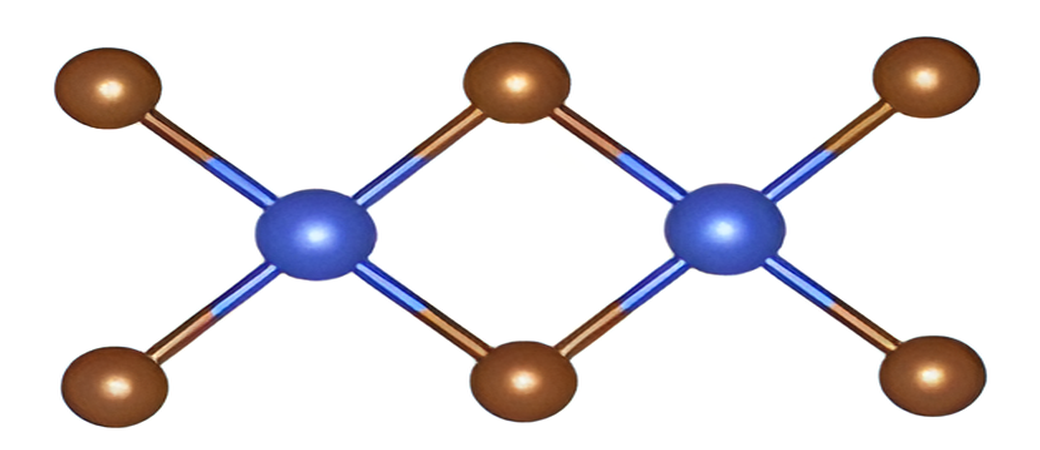 Copper bromide chain: each blue copper ion carries four short bonds to bridging bromides and two longer axial bonds.