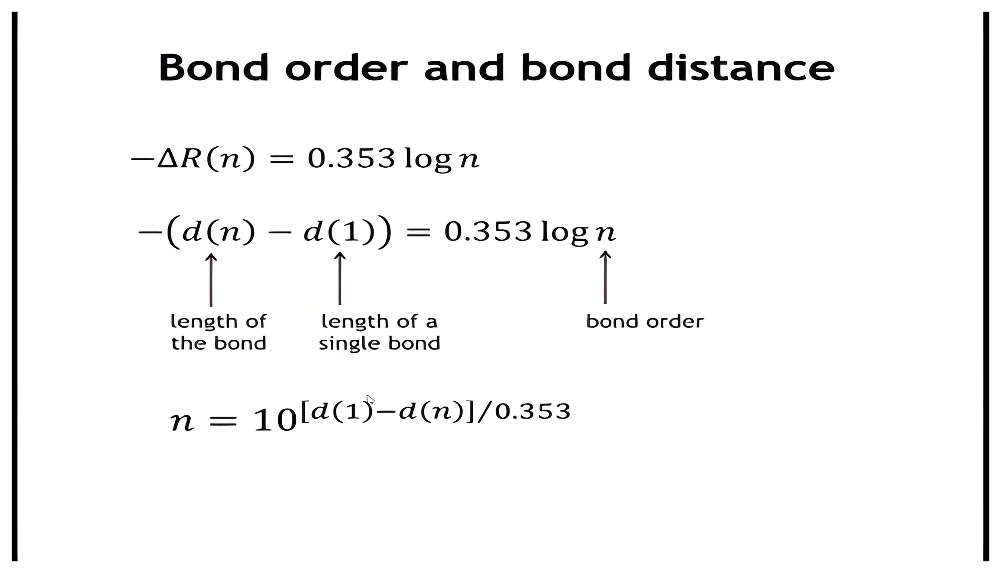 Pauling's logarithmic relation rewritten to connect bond length and bond order in both directions.