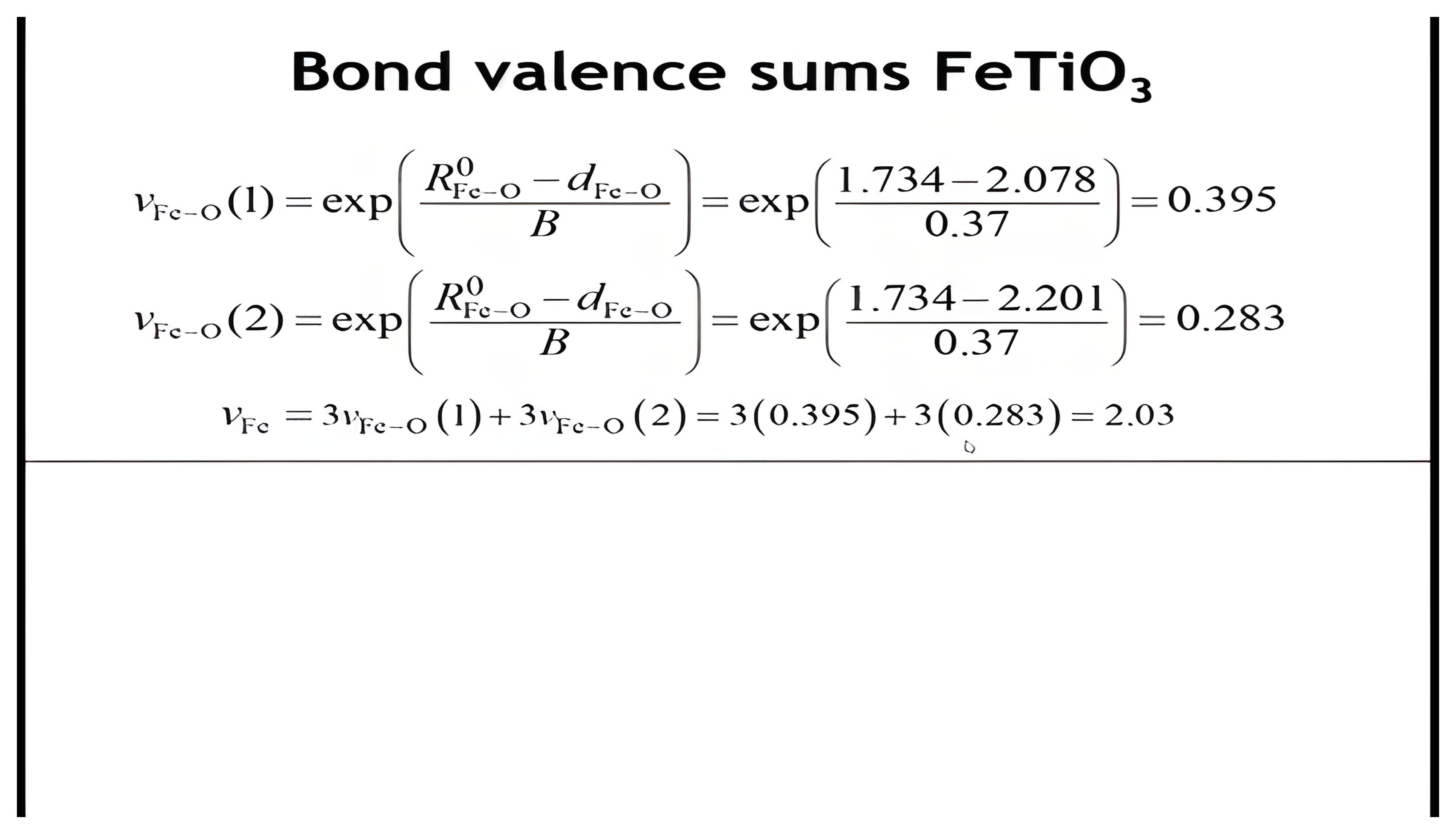 Bond valence sums for FeTiO3: the iron calculation giving 2.03, then the titanium calculation giving 3.99.