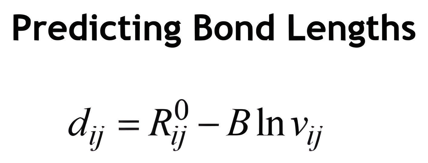 Inverted bond valence equation predicting distances, then the SrTiO3 worked example giving 2.78 and 1.965 angstroms.