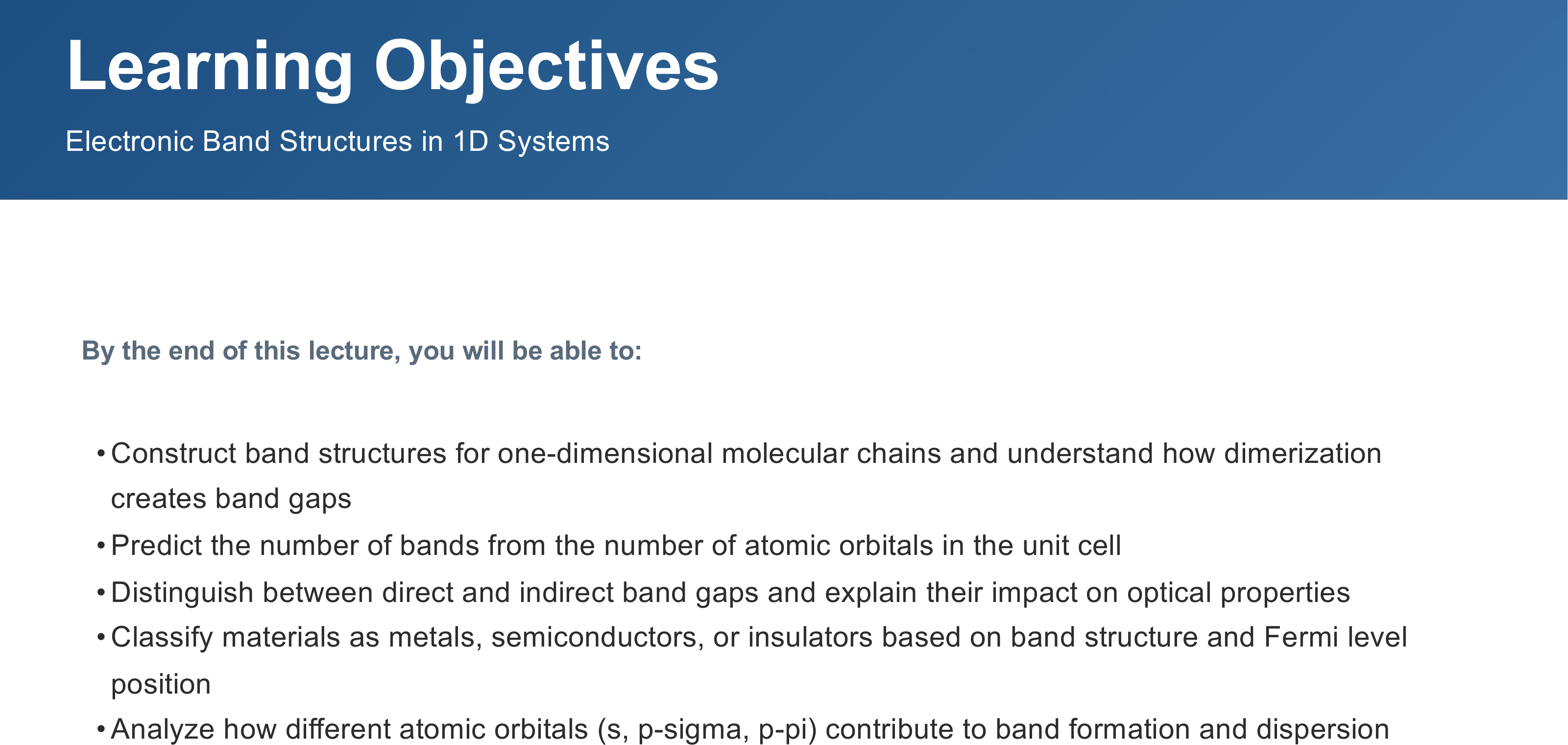 Learning-objectives page for electronic band structures in 1D systems: build band structures for molecular chains and see how dimerization creates band gaps, predict the number of bands from the orbitals in the unit cell, distinguish direct from indirect band gaps, classify metals, semiconductors and insulators by Fermi-level position, and analyze how s, p-sigma and p-pi orbitals contribute to band formation.