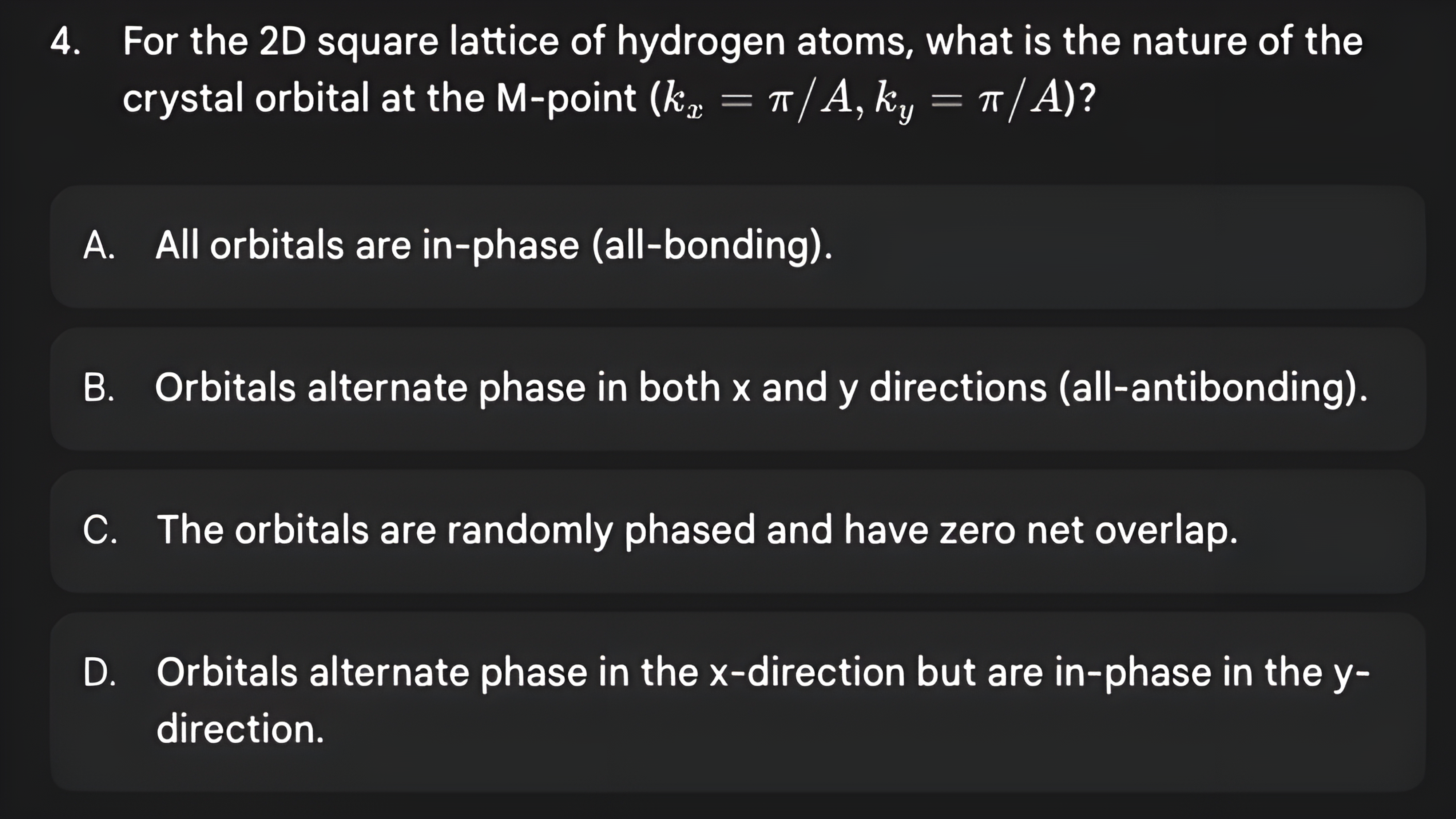 Question 4 asking for the nature of the hydrogen-sheet crystal orbital at the M point, then its answer: phases alternate in both directions, all-antibonding.
