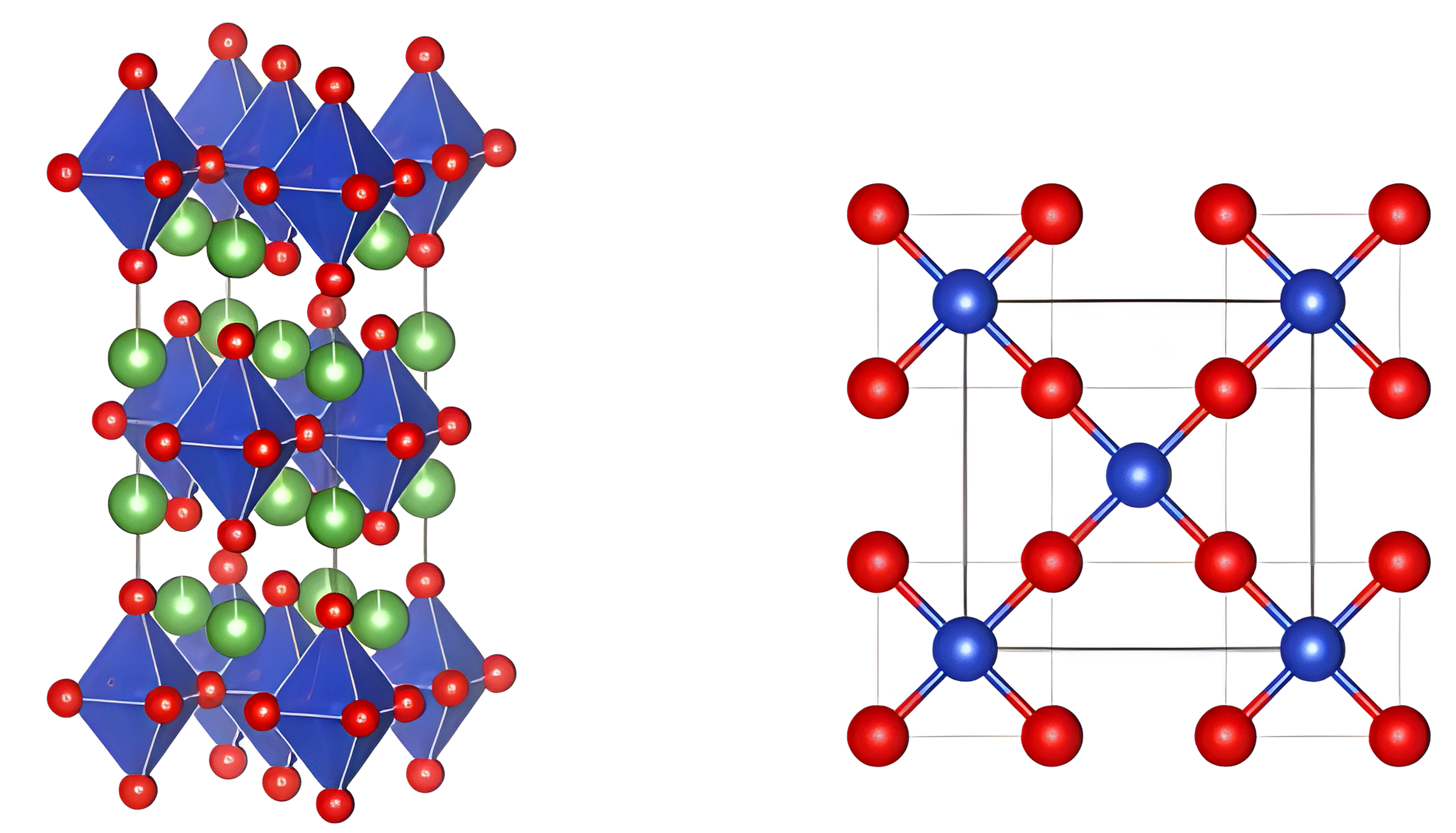 The layered perovskite structure of lanthanum copper oxide next to the square CuO2 sheet viewed down the stacking axis.