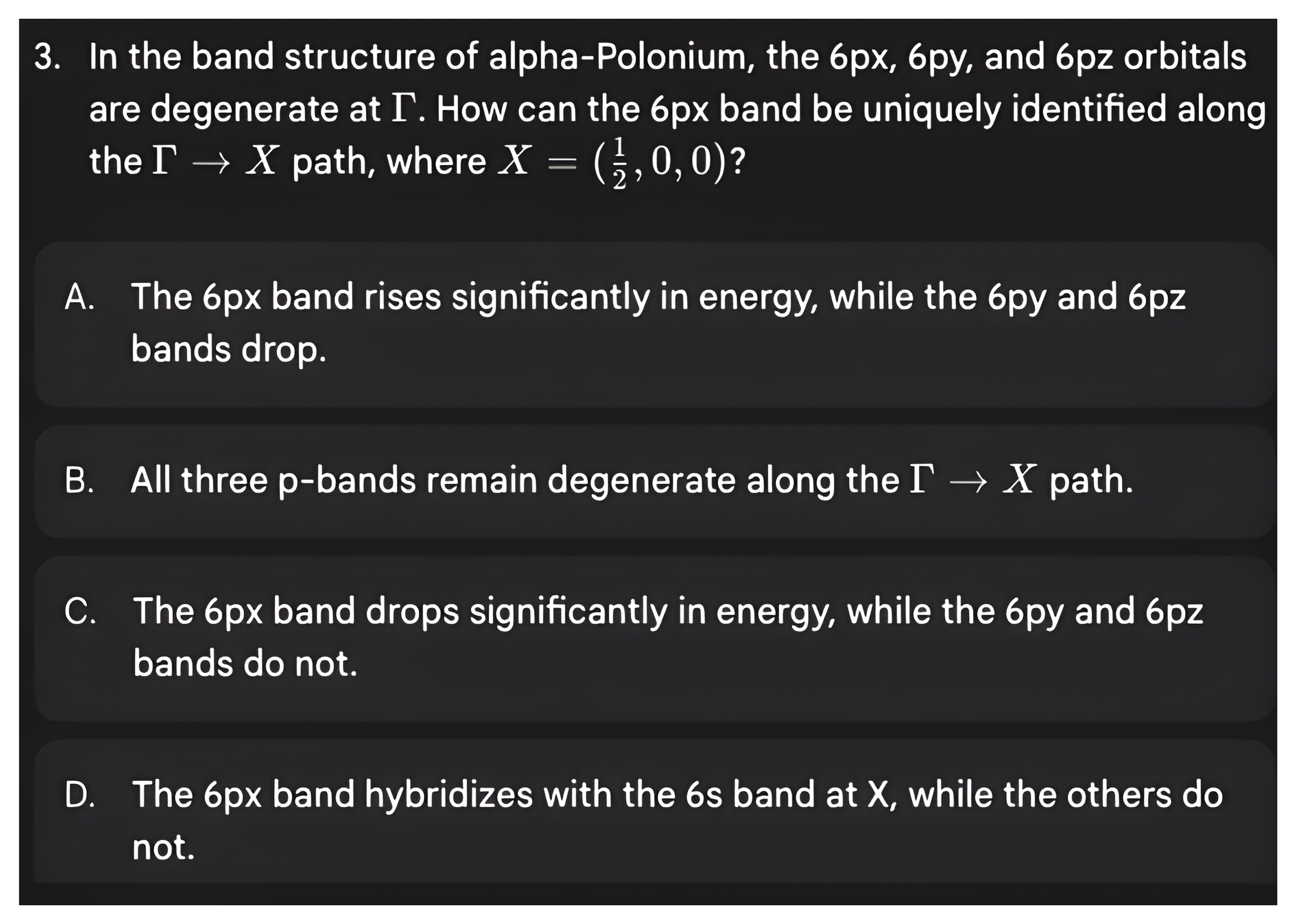 Question 3 asking how the 6px band can be uniquely identified along the Gamma to X path, then its answer: the 6px band drops significantly in energy while 6py and 6pz do not.