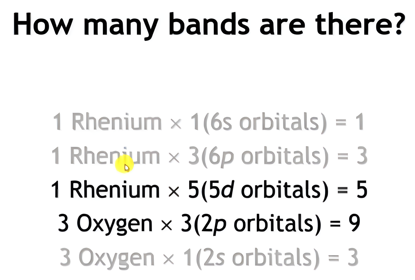 Counting bands in ReO3: one rhenium contributes one 6s, three 6p, and five 5d orbitals; three oxygens contribute nine 2p and three 2s orbitals; the 5d and 2p rows are highlighted.