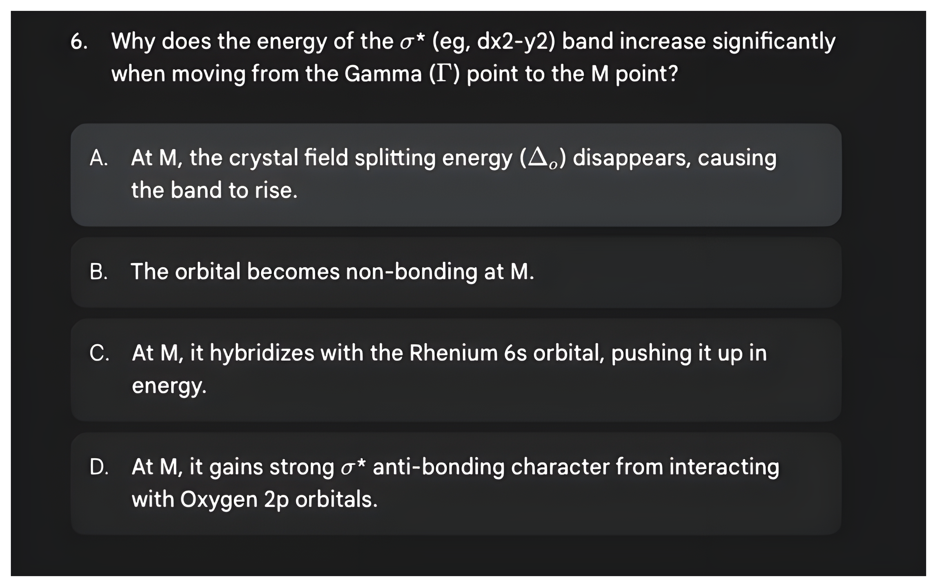 Question 6 asking why the sigma-star eg band rises significantly from Gamma to M, then its answer: at M it gains strong sigma antibonding character from interacting with oxygen 2p orbitals.