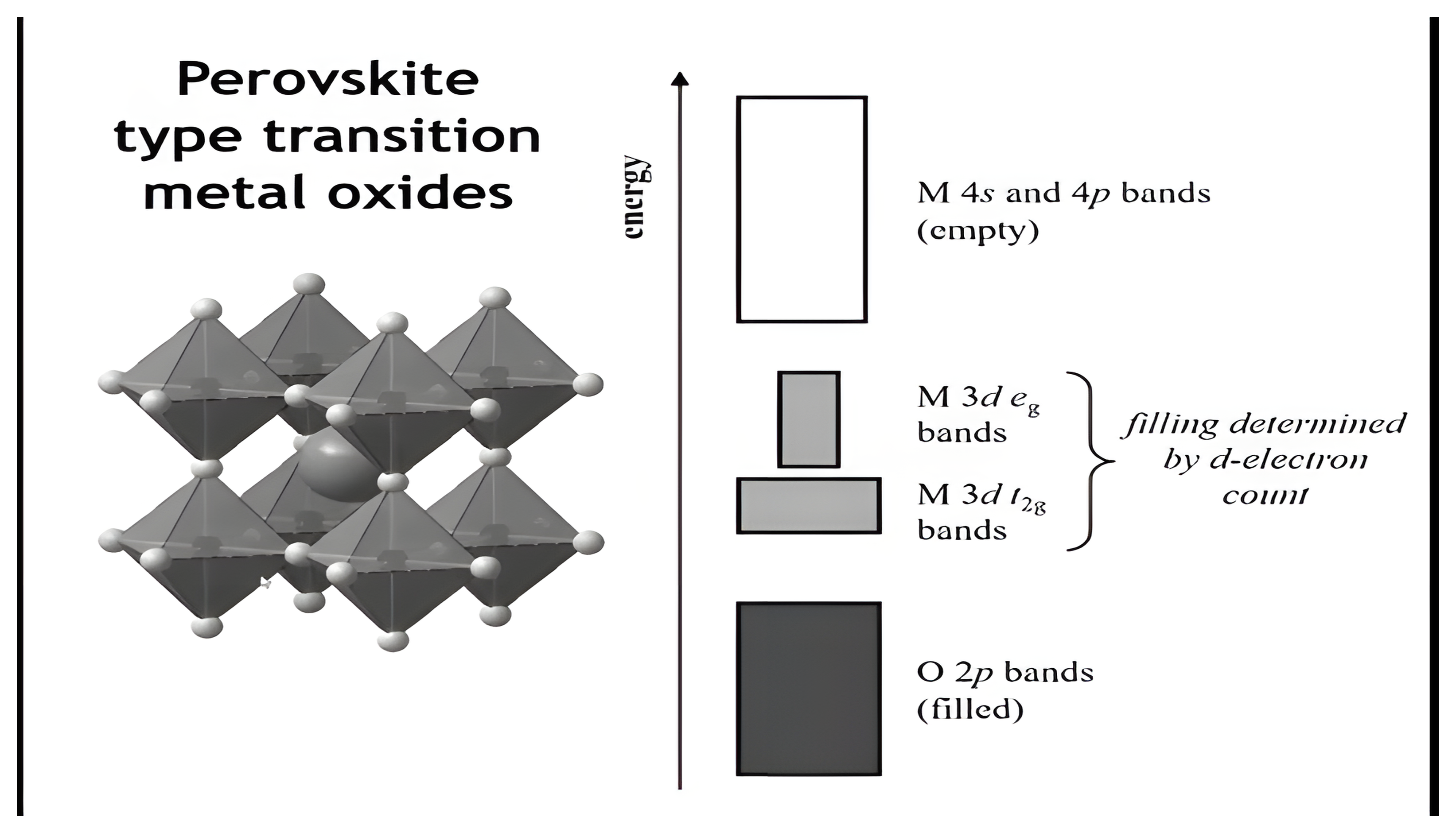 The perovskite transition metal oxide structure of corner-sharing octahedra beside its band diagram: filled O 2p bands, narrow t2g and wider eg bands, and empty 4s and 4p bands.