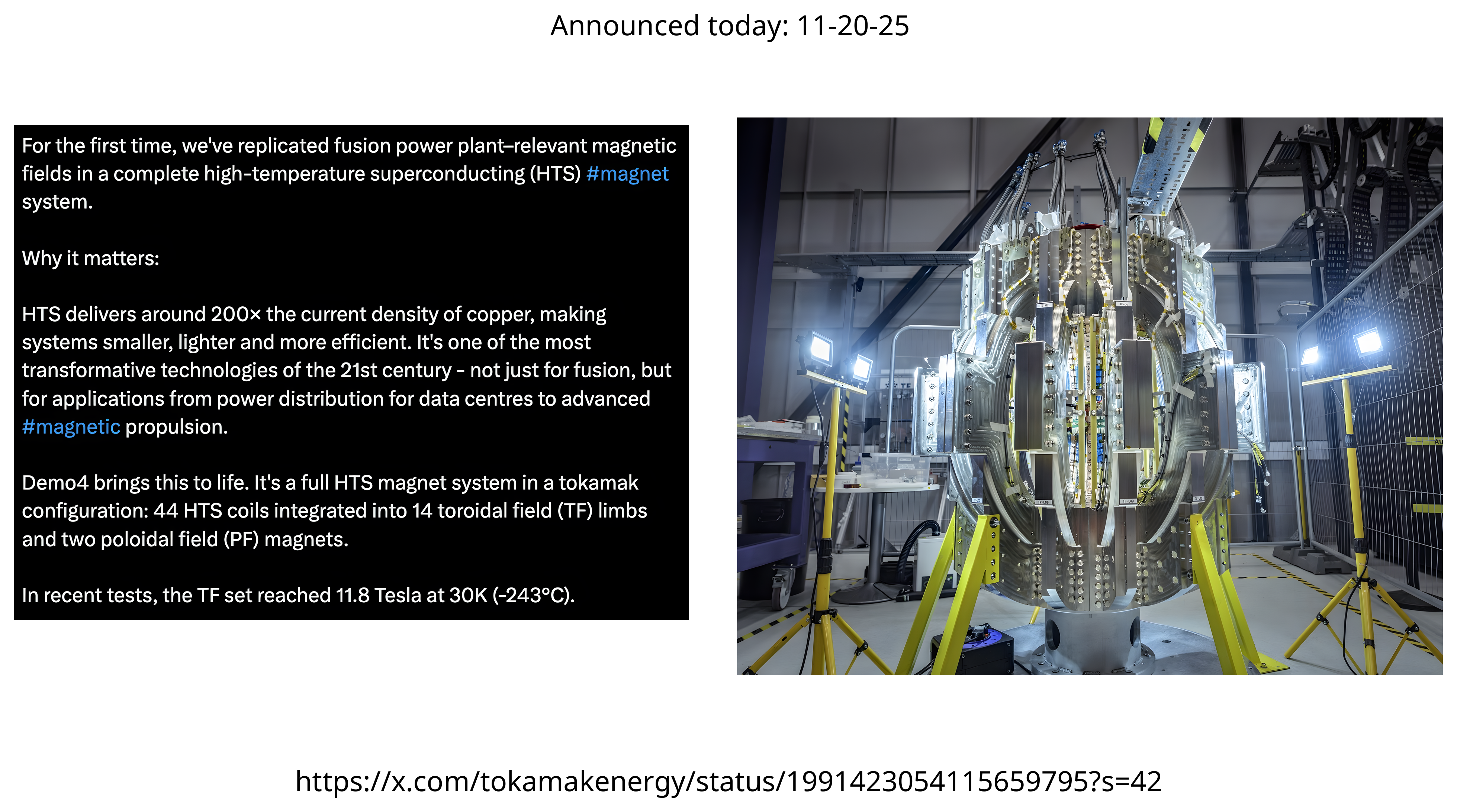 A November 2025 Tokamak Energy announcement: fusion power-plant-relevant magnetic fields replicated in a complete high-temperature superconducting magnet system, with a photograph of the Demo4 tokamak magnet assembly under test lighting.