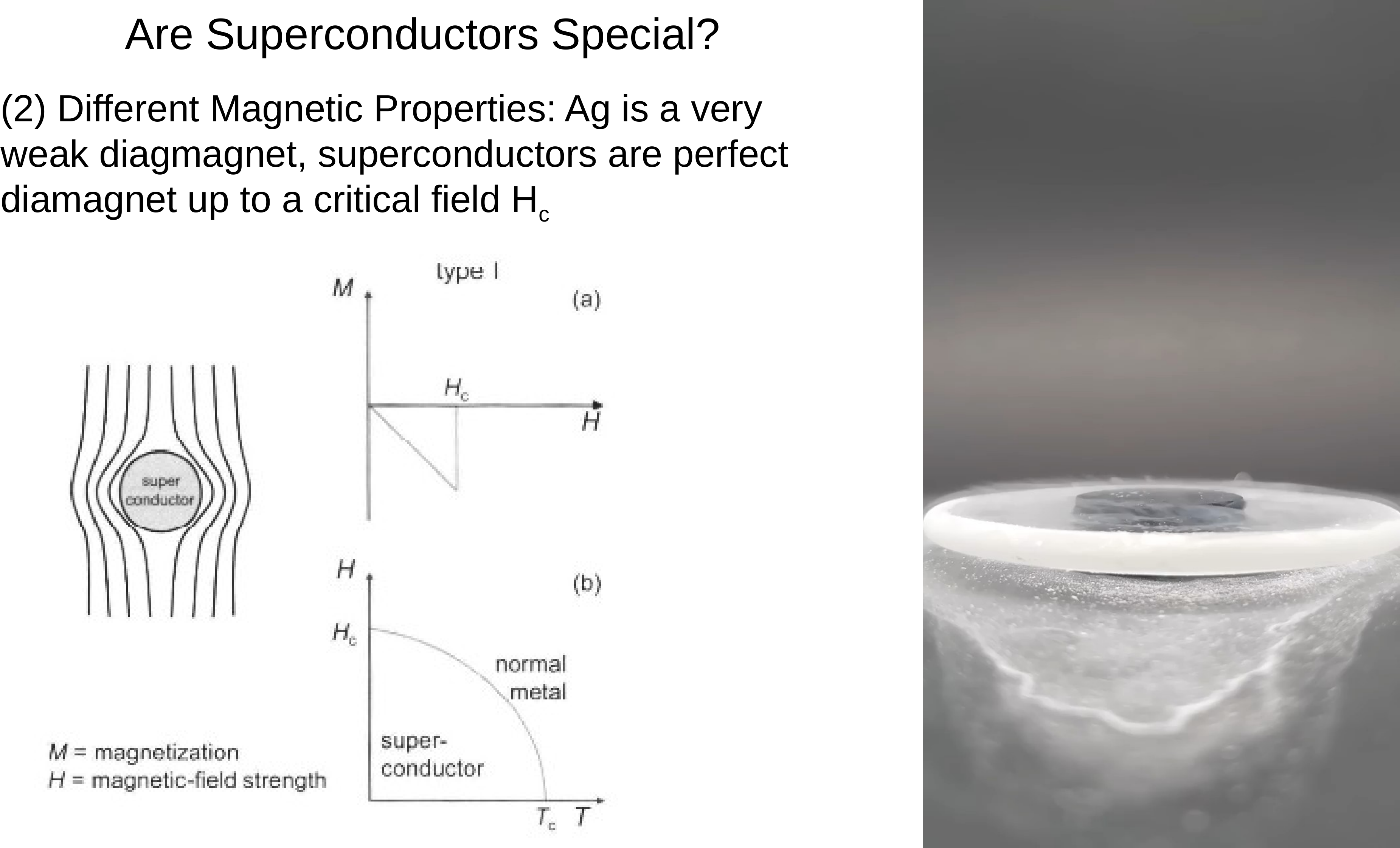 Are superconductors special? Point (2): silver is a very weak diamagnet, superconductors are perfect diamagnets up to a critical field Hc. Diagrams show field lines expelled from a superconductor, the type-I magnetization curve M equals minus H up to Hc, the Hc versus temperature phase boundary between superconductor and normal metal, and a photograph of a magnet levitating above a superconductor.