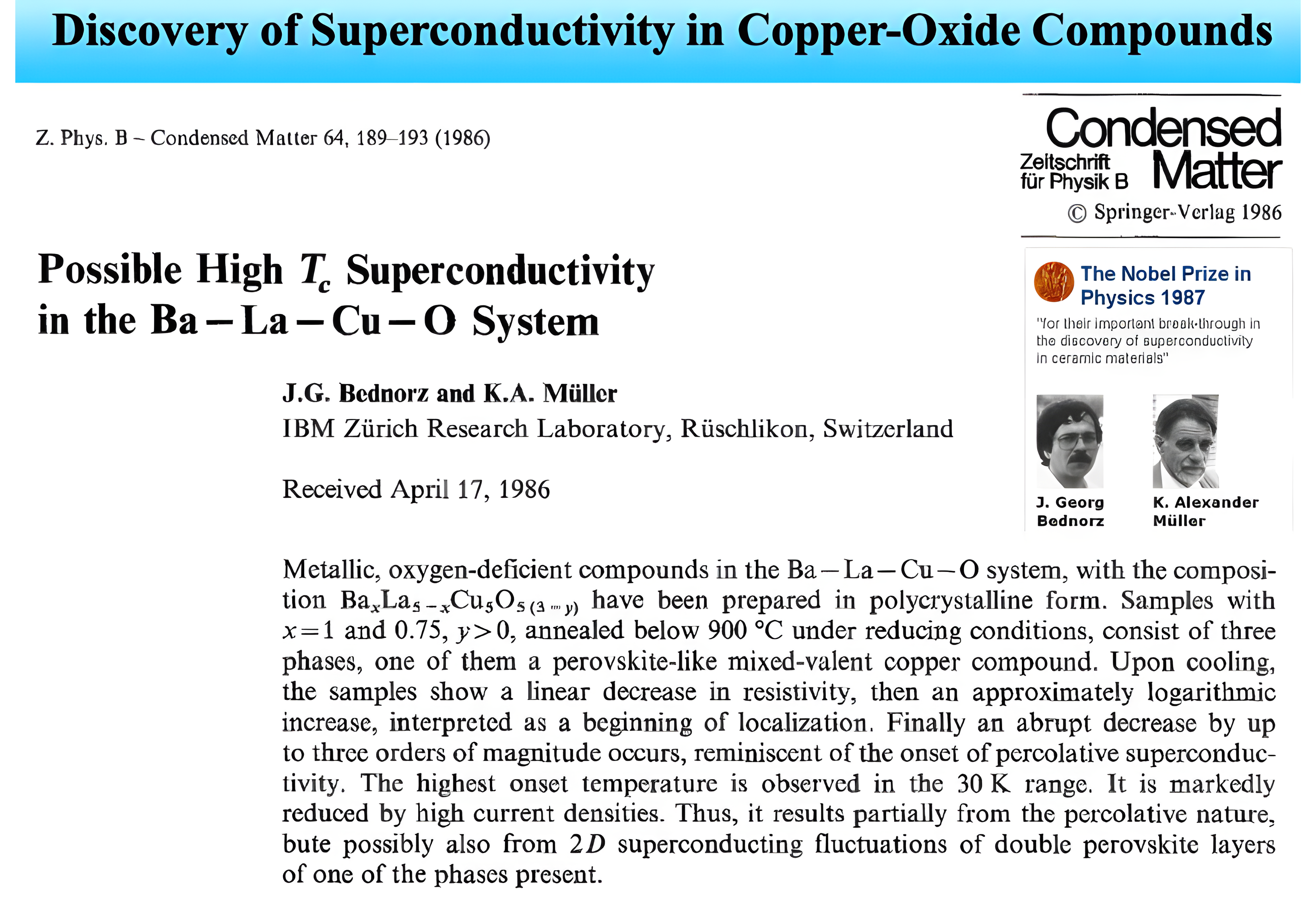 Discovery of superconductivity in copper-oxide compounds: the 1986 Zeitschrift fur Physik B paper by Bednorz and Muller of IBM Zurich, Possible High Tc Superconductivity in the Ba-La-Cu-O System, beside the 1987 Nobel Prize citation for their important break-through in the discovery of superconductivity in ceramic materials, with their portraits.